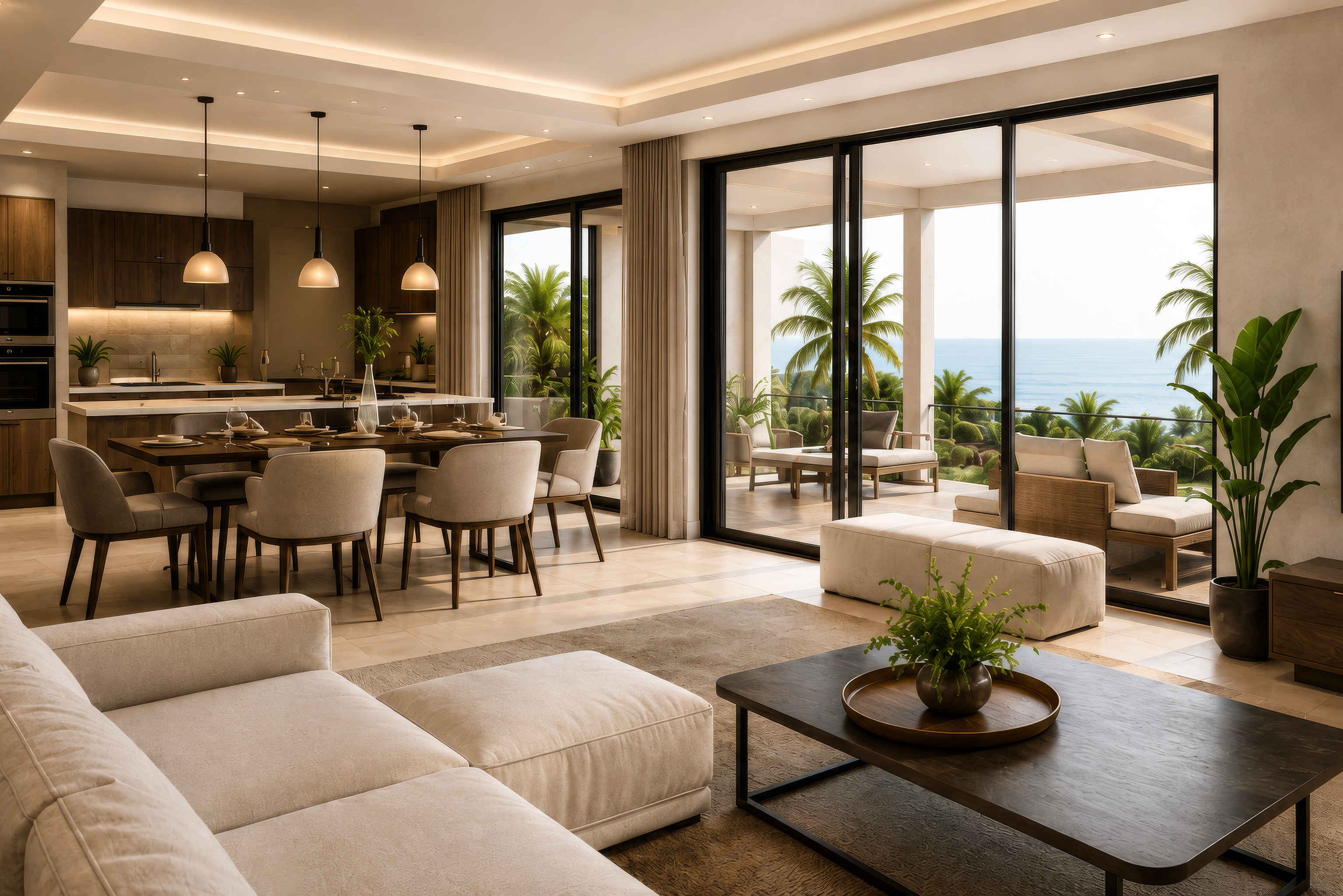 Open-plan living area with sea views