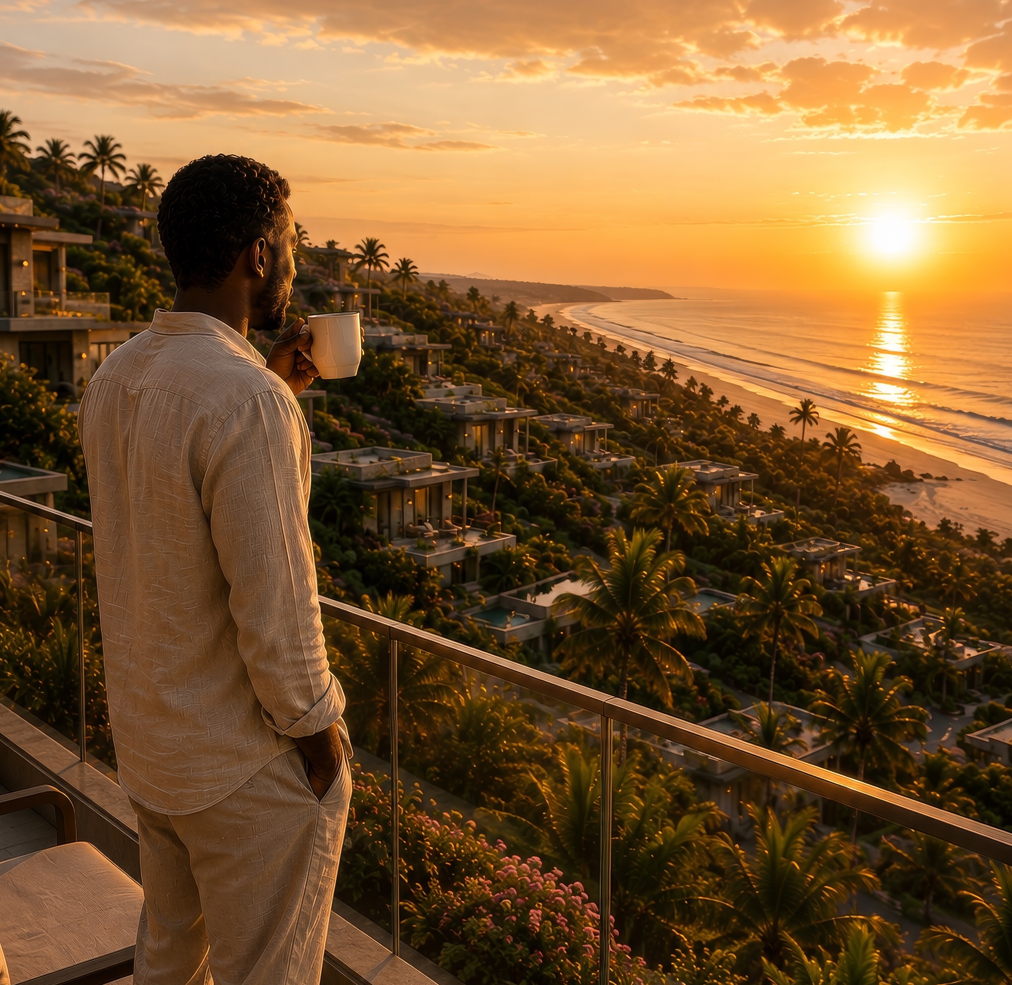 Man enjoying morning coffee on terrace at Sunrise Terraces