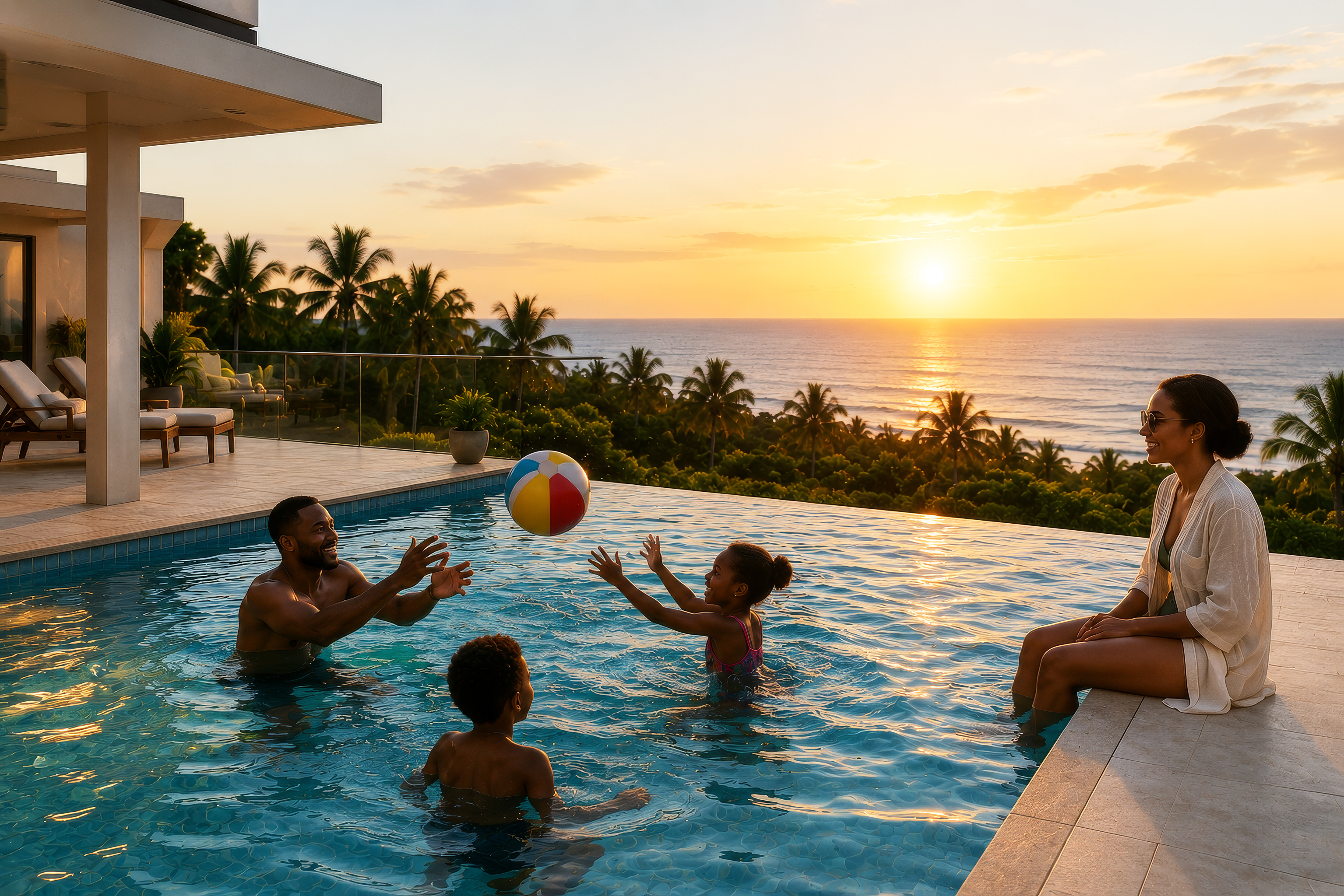 Family relaxing beside the private pool at Sunrise Terraces